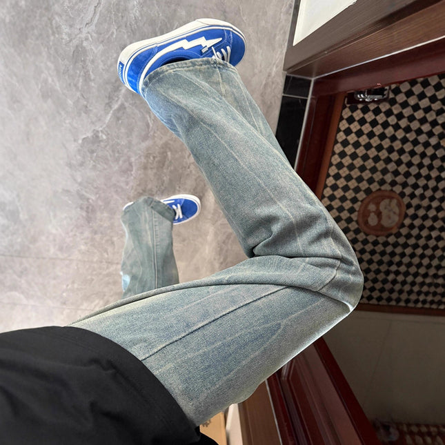 Ice Blue Lightning Pattern Jeans for Men, New Summer Style American-Style Slightly Flared Straight Pants, Cleanfit Trendy Brand Pants