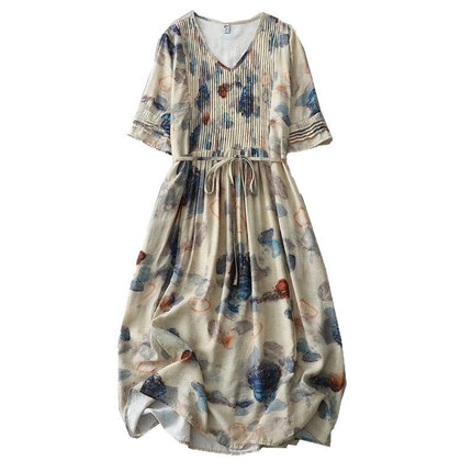 Real Shot High-end Sense V-neck Cotton Mid-sleeve dress 2025 Summer New Loose French Style Organ Pleat Print Dress