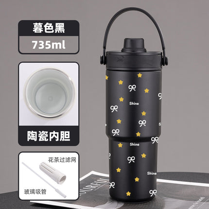 Cross-border high-value 316 stainless steel thermos cup large-capacity double-drink ceramic liner car cup portable handle cup
