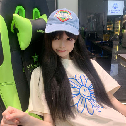 Ins Korean Style Spring and Autum Girls Smiling Face Short-Sleeved T-Shirt Printed Korean Style