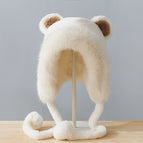 White | bear tie plush hat - one size fits all head circumference [55-58cm]