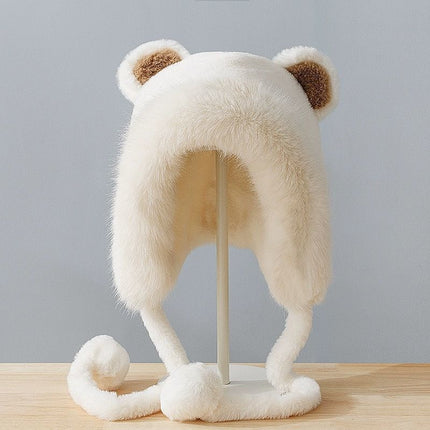 Little Bear Plush Hat for Women, Outdoor Cycling Warm Ear Protection Hat, Windproof and Cold-Resistant, Sweet Princess Style with Bear Ears, Chanel-Inspired
