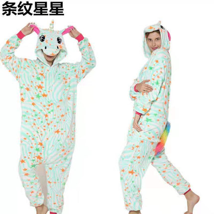 Cartoon One-Piece Cross-Border New Flannel Autumn and Winter Pajamas Animal Luminous Pegasus Dinosaur Couple Pajamas Home Clothes