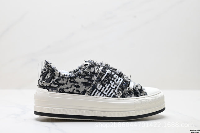 D's Walk'N‘D Embroidered Flats Canvas Shoes Lace-Up Versatile Fashion Sports Women's Sneakers Thick-Soled Shoes