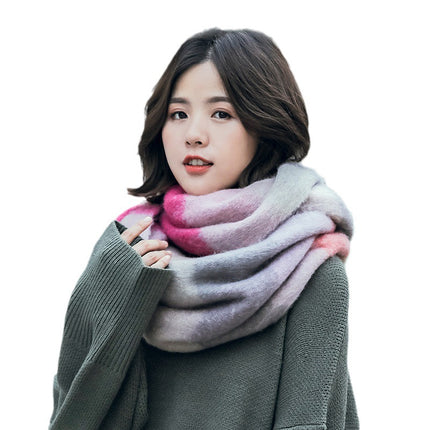 Autumn and winter European and American color matching AC cashmere thick tassel scarf rainbow plaid mohair warm female student plus