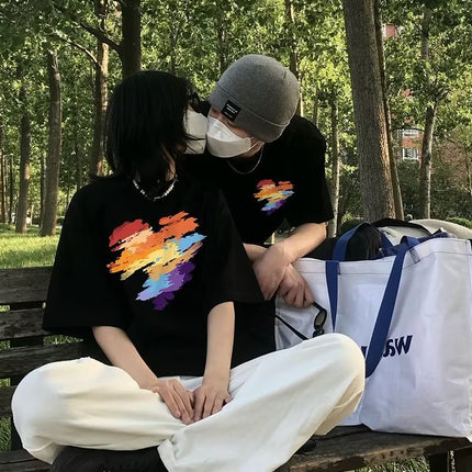 Couple Clothing Summer Short-sleeved T-shirt Men's and Women's 2023 Summer Half-sleeved Top Round Neck Printed Half-sleeved Student Class Clothes