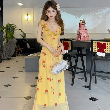 Summer French Style Dopamine Sweet Dress Dusk Rose Lace Yellow Floral Sling dress Fishtail Long Dress