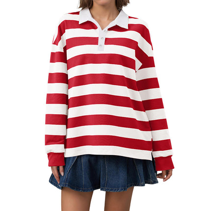 2025 European and American Cross-Border Long-Sleeved Stripesd T-Shirt Autum New Casual Versatile Loose Lapel Top