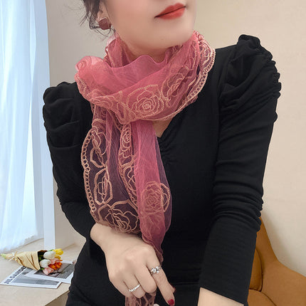 Spring and Summer Transparent Yarn Magnetic Buckle Turban Thin Embroidered Silk Scarf Women's Gift Scarf Mother Air Conditioning Shawl New Style