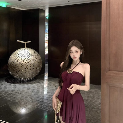 Elegant and Sexy Waist-Cinching French-Style A-Line Short Dress, 2025 Summer New Retro Purple Slim-Fit Dress