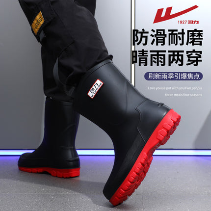 Pull Back New Fashion Men's Rain Boots Mid-Tube Rubber Shoes Water Shoes Non-Slip Wear-Resistant Car Wash Work Waterproof Shoes Warm Winter