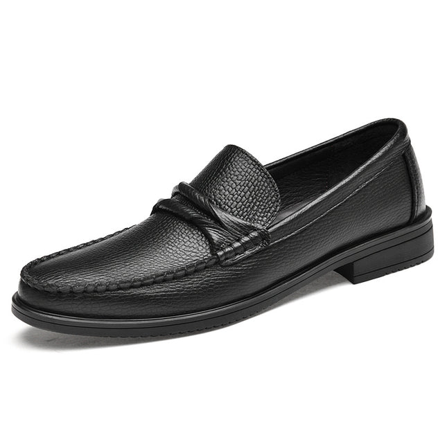 Men's Spring Leather Shoes with Round Head and Shallow Mouth Set Foot Rubber Non-slip Youth Business Head-layer Cowhide Leather Shoes Black Brown