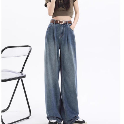 White Wide Leg Jeans Women's Trendy All-match New High Waist Slimming Pleated Lazy Drape Straight Trousers