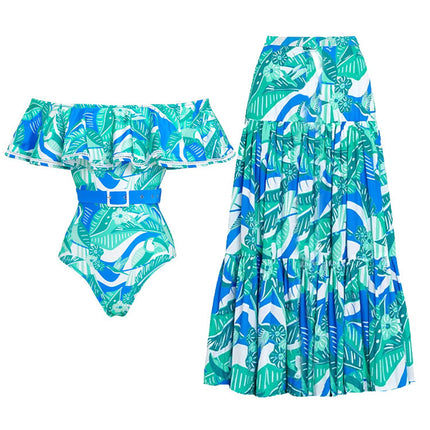 2024 European and American Swimwear New Strapless Ruffled Printed Swimsuit Holiday suit Women's Cross-border 25178