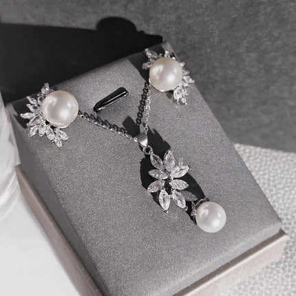 Korean version of high-end hot-selling jewelry European and American luxury pearl zircon inlay necklace earrings e6068-x6063