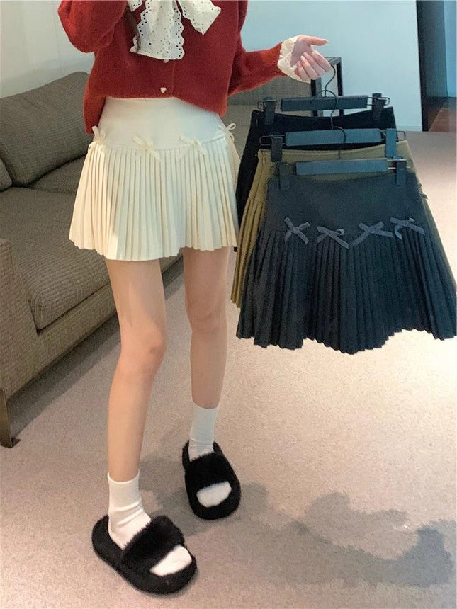 Bow-Knot Woolen Skirt for Women in Autumn and Winter, Anti-Exposure Culottes, Pleated Skirt, Small High-Waisted A-Line Skirt