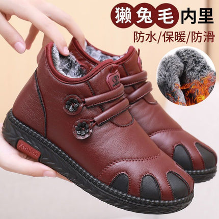 Winter old Beijing cloth shoes women's cotton shoes imitation leather shoes waterproof non-slip middle-aged mother cotton shoes rabbit plush warm cotton boots
