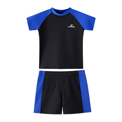 2026 Children's Swimwear Boys' Two-Piece Swimsuit Set for Older Kids, Baby Blue Patchwork Raglan Sleeve Swimwear