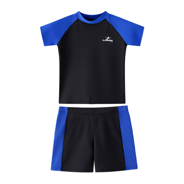 2026 Children's Swimwear Boys' Two-Piece Swimsuit Set for Older Kids, Baby Blue Patchwork Raglan Sleeve Swimwear