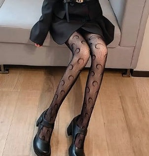 Cross-Border Fishnet Stockings Spring Summer Autumn Small Moon Pattern Hollow-Out Thin Lace Pantyhose Black Anti-Snag Tights