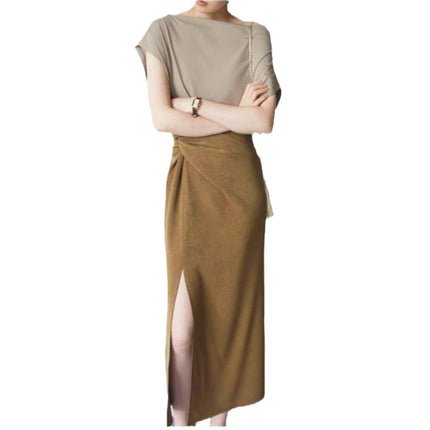 Mustard Matte Texture Cross-Design High-Waisted Side-Slit Over-The-Knee Skirt, Stylish and Fashionable Women's Bottom Garment