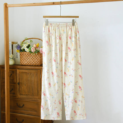 Japanese-Style Simple Cotton Gauze Pajama Pants Spring and Summer Full Cotton Printed Casual Loose Plus-Size Women's Long Home Pants
