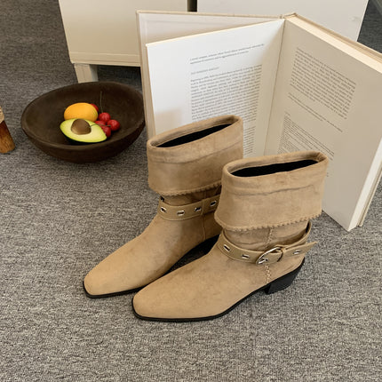 Knight Boots Women's 2025 Autumn and Winter New Retro Suede Northwest Wind Cowboy Boots Square Toe Thick Heel Medium Heel Travel Short Boots