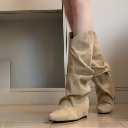 New Retro Western Cowboy Boots Autumn Height-Increasing Long Boots Women's Pointed Toe Pleated Slouch Boots