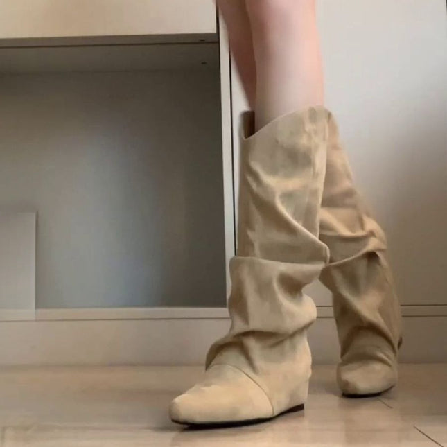 New Retro Western Cowboy Boots Autumn Height-Increasing Long Boots Women's Pointed Toe Pleated Slouch Boots