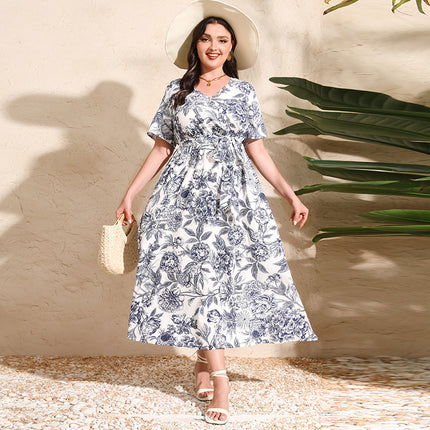 2025 Cross-border New French Elegant Elegant plus size dress Line-drawing Floral V-neck Short-sleeved Waisted Long Dress