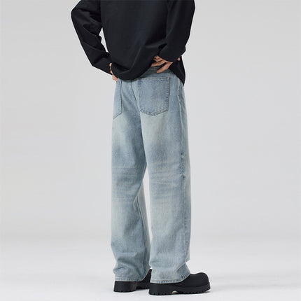 JIAMU American Spring and Summer Ice Blue Flower Baggy jeans Light Color Men's Straight Loose Wide Leg Neutral