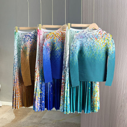 European-Style Early Autumn New Design Stylish Printed Pleated Skirt Set 2024 High-End Fashion Two-Piece Set for Women