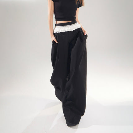 Raccoon House # American Retro High-Waisted Lace Splicing Wide-Leg Pants Versatile Drape Floor-Length Dress Pants Casual Pants for Women