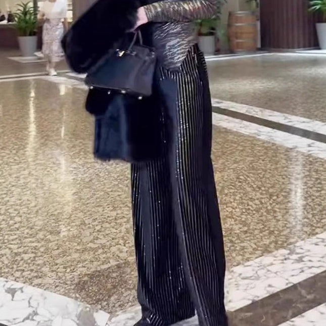 Chinese Style Rhinestone High-End Black High-Waisted Straight Wide-Leg Pants for Women, Winter Slimming Versatile European High-Quality Floor-Length Pants