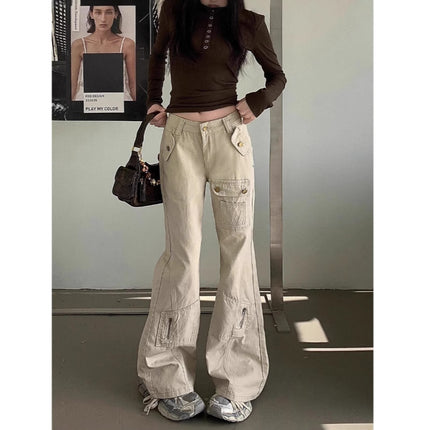 American-style micro-pants overalls women's 2025 spring and autumn new high waist slimming multi-pocket non-leg mop jeans trendy