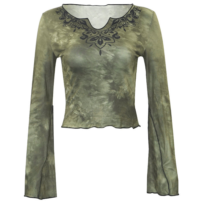 C178TP European and American Spice Girls New V-neck Retro Style Printed Tie-dye Contrast Long-sleeved T-shirt with Ear-rimmed Cropped Top