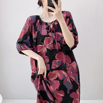 Mishiti Cotton Silk New Chinese Style Short-Sleeved Nightgown for Women, Summer Thin Style, National Style Cotton Silk Home Wear, Can Be Worn Outside