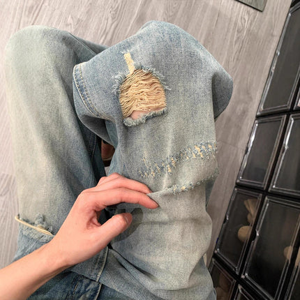 American Blue Ripped Straight Jeans for Women in Autum New High-Waisted Pear-Shaped Figure Slimming Look Loose Wide-Leg Pants