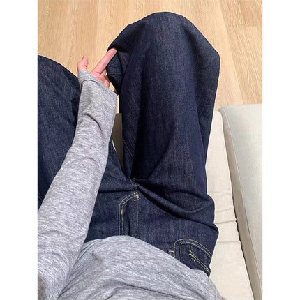 2025 Korean Women's dark blue Wide Leg Pants High Street New Design Sense High Waist Denim Pants Loose Mop