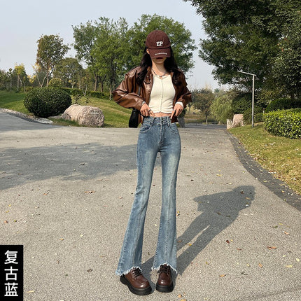 Vintage Blue Micro La Jeans Women's Autumn 2024 Fashionable All-match New High Waist Slimming Fur-edged Horseshoe Pants