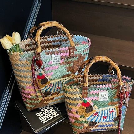 Hand-Held Vegetable Basket, Dachshund Dog Retro Woven Bag, Rattan Commuting Holiday Style Large-Capacity Beach Bag, Bamboo Hand Carry