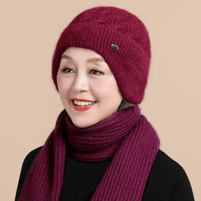 Middle-Aged and Elderly Knitted Hats Plus Plush Woolen Hats, Autumn and Winter Women's Scarf Hats, Warm Ear Protection Mother Hats, Winter Hats