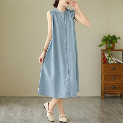 2024 Summer New Style Sleeveless Multi-Pleated Design Solid Color Mid-Length Dress for Women, Artistic Simple Cardigan Cotton and Linen Dress