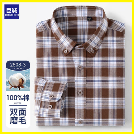 Men's Pure Cotton Brushed Plaid Shirt, Long-Sleeved, Thickened, Casual, Middle-Aged Dad's Shirt, Factory Wholesale