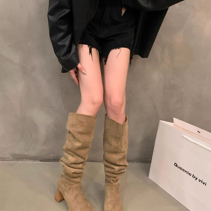 Women's Autumn Boots with Wide Calf Circumference, Square Toe, Long Slim Boots, Retro Style, Pleated Chunky Heel, High Tube Long Boots