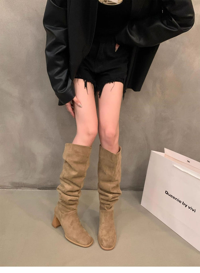 Women's Autumn Boots with Wide Calf Circumference, Square Toe, Long Slim Boots, Retro Style, Pleated Chunky Heel, High Tube Long Boots