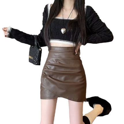 Black pu leather skirt skirt women's autumn and winter 2025 new high waist slimming irregular pleated hip skirt
