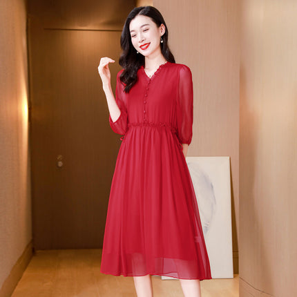 Solid Color Silk Half-Sleeve Dress, New Summer Style, Versatile and Elegant V-Neck Tie-Waist Dress