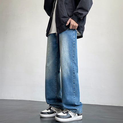 24 Winter New Men's Mop Jeans Solid Color All-match Retro Hong Kong Style Trendy Loose Straight Pants Overalls