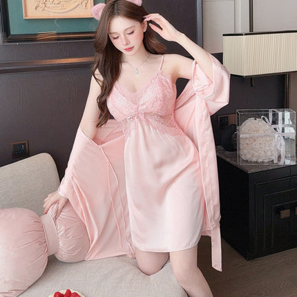 Women's Summer Mesh Lace Nightgown Sexy Pajamas Ice Silk Nightgown Suspender Two-Piece Set Live Broadcast Hot Style with Breast Pads